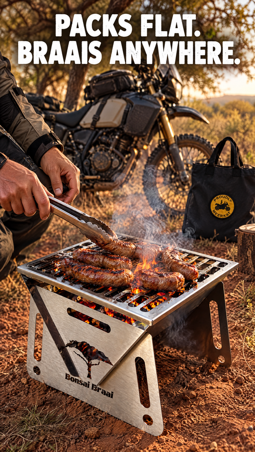 A rider turning boerewors on the Bonsai Braai beside a motorcycle, with the Proudly Meerkat canvas carry bag alongside.