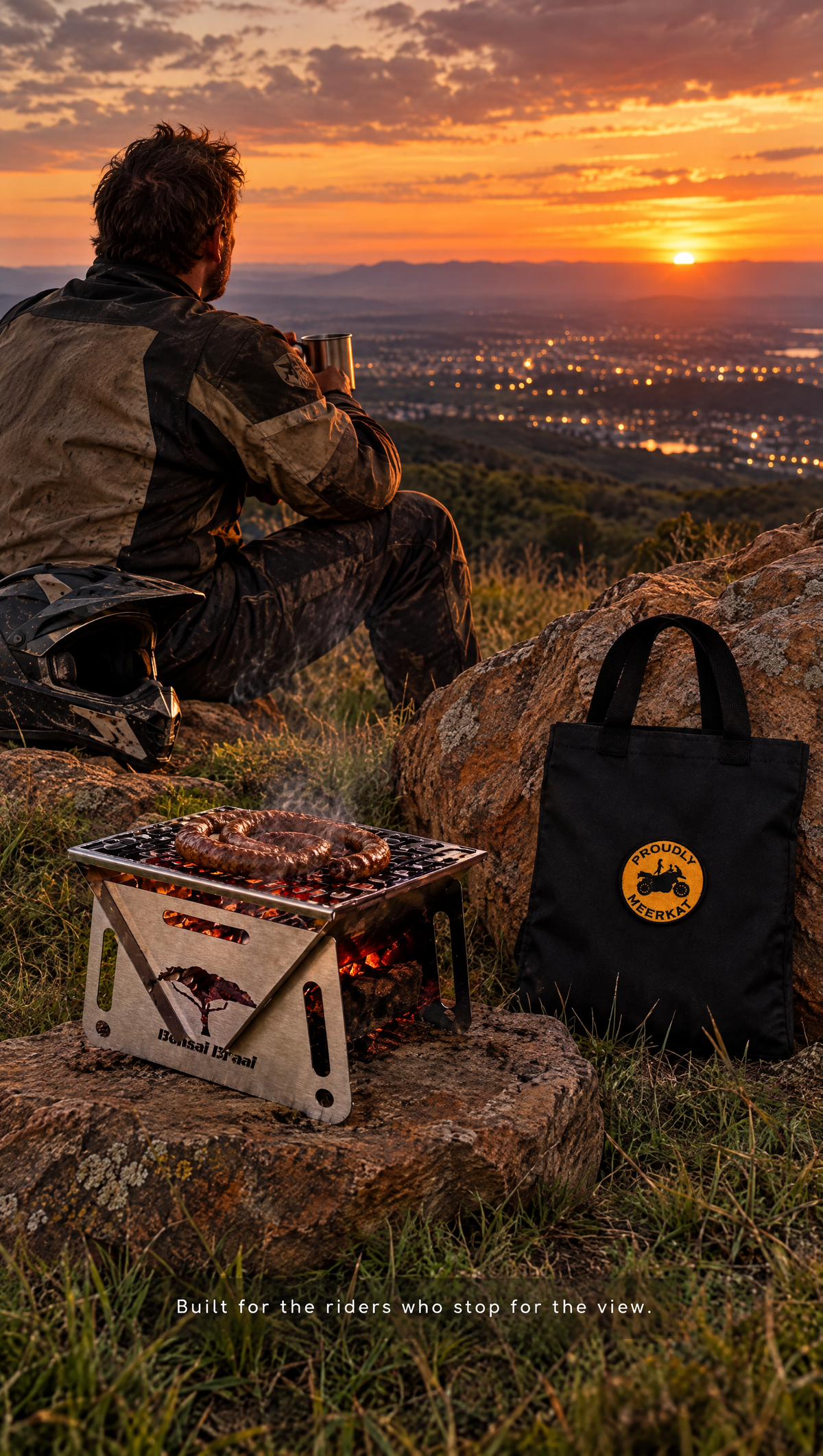 The Bonsai Braai with a boerewors coil on the grid at sunset, next to the Proudly Meerkat canvas carry bag.